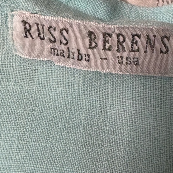 100%linen aqua blue ruffle button up tunic. 3/4 sleeve,  split hem. - Picture 2 of 16